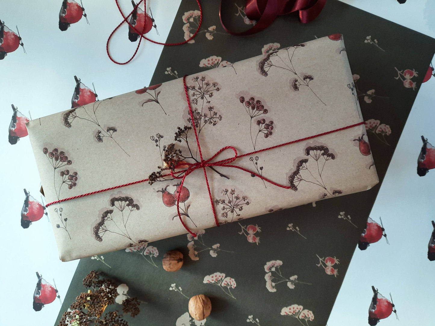 Floral Kraft Wrapping Paper - Set of 3