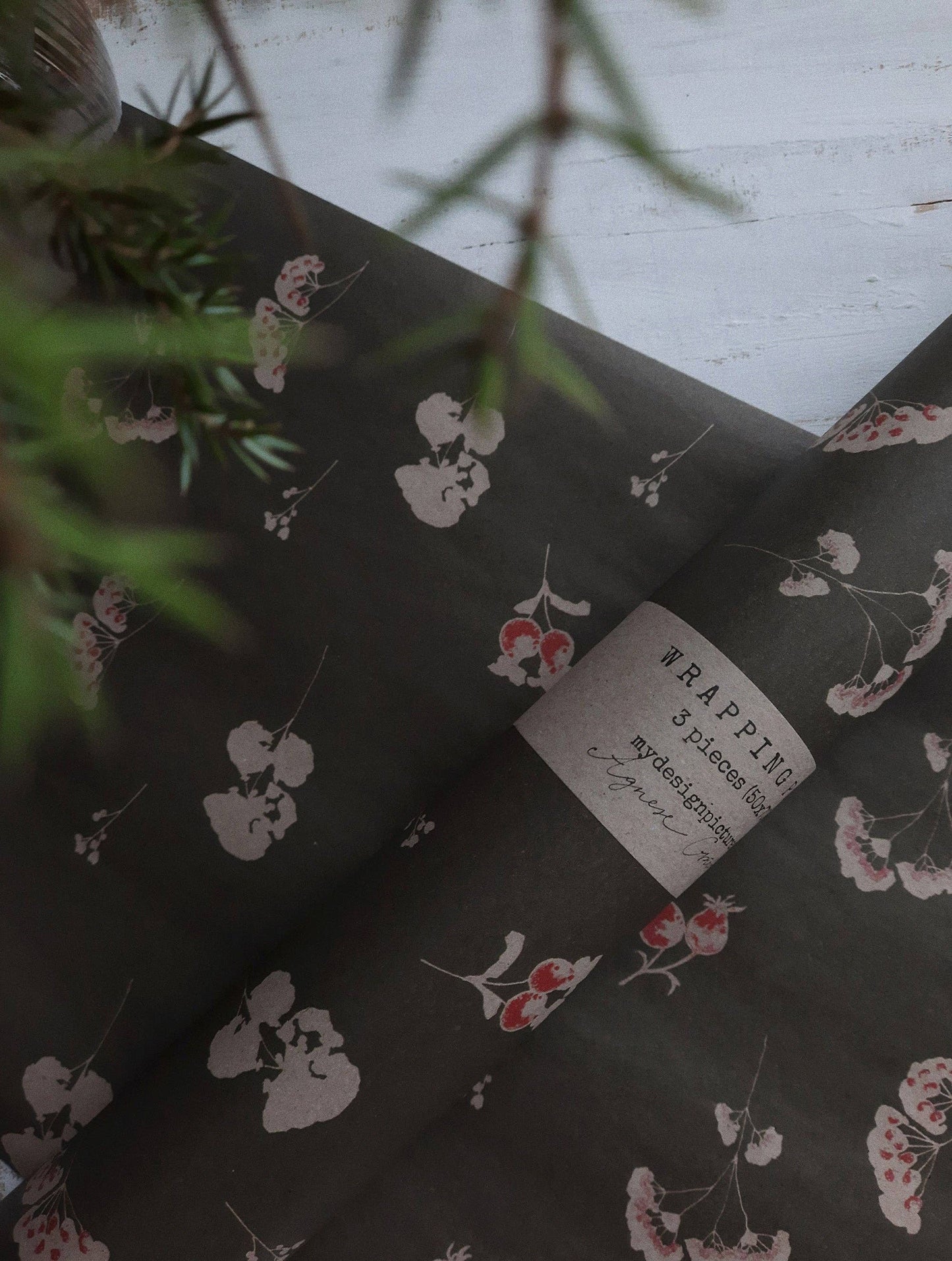 Floral Deep Green Kraft Wrapping Paper - Set of 3