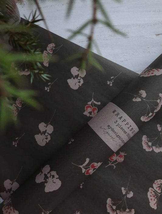 Floral Deep Green Kraft Wrapping Paper - Set of 3