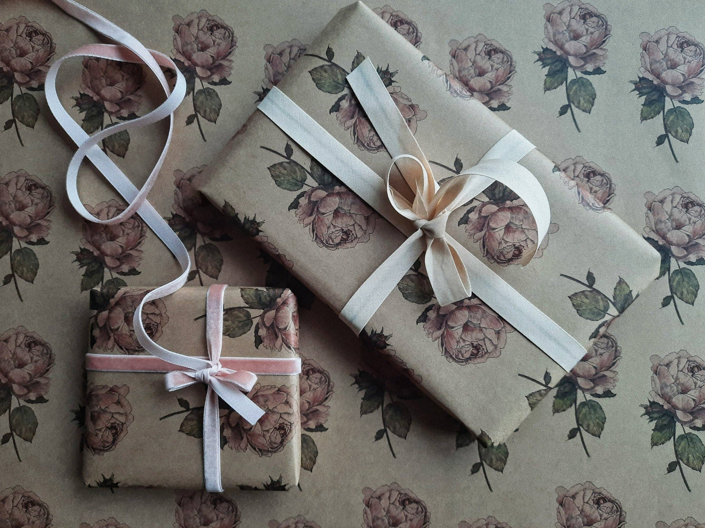 Vintage Rose Kraft Wrapping Paper - Set of 3