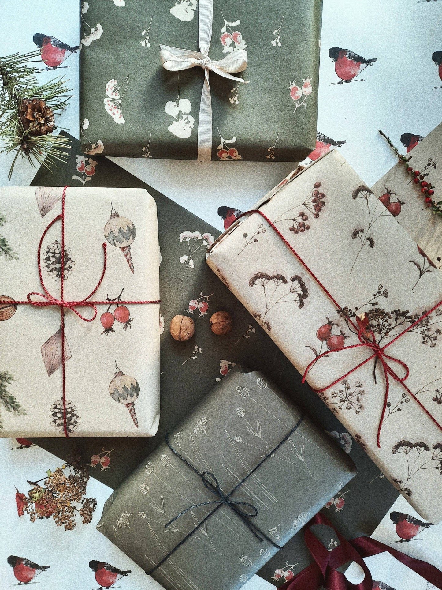Floral Kraft Wrapping Paper - Set of 3