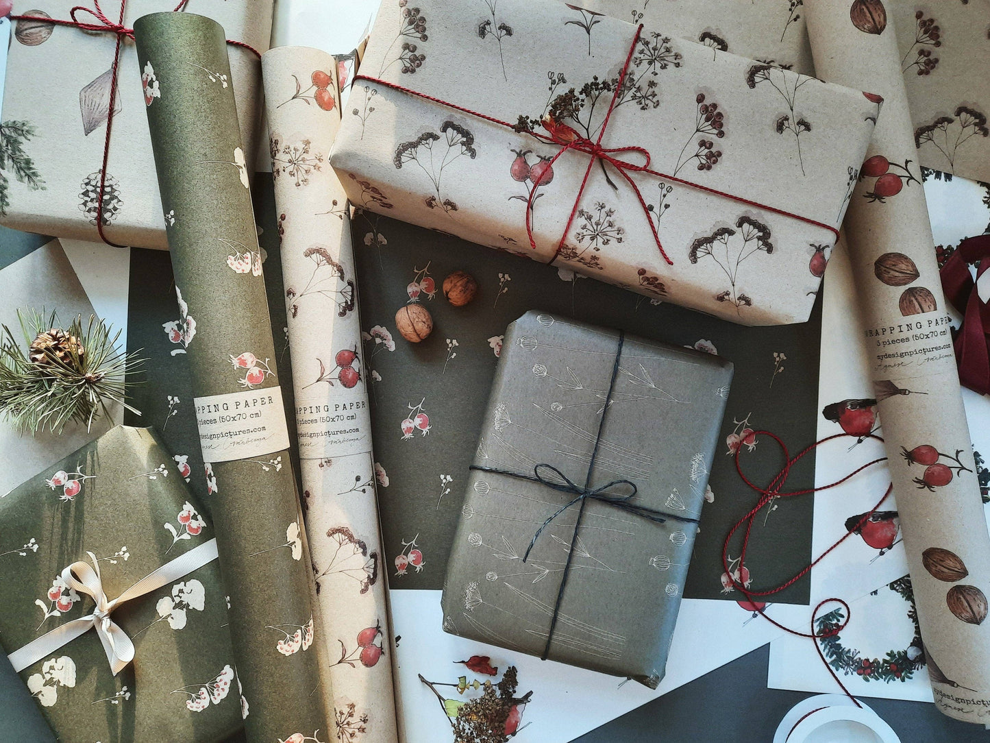 Floral Kraft Wrapping Paper - Set of 3