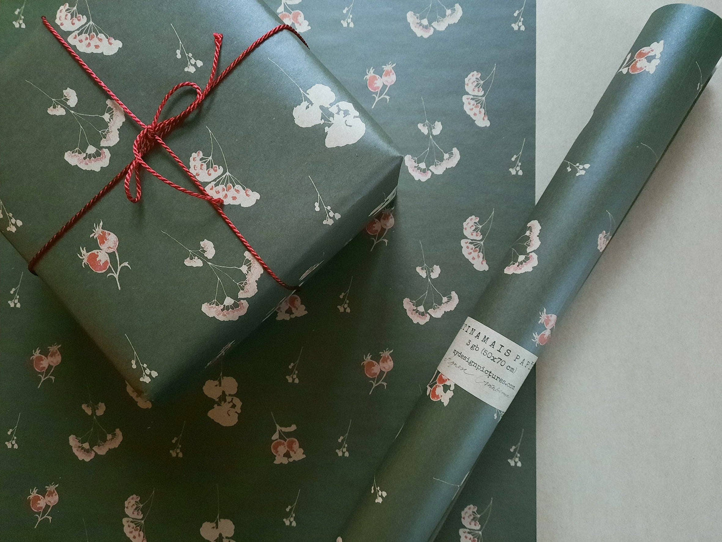 Floral Deep Green Kraft Wrapping Paper - Set of 3