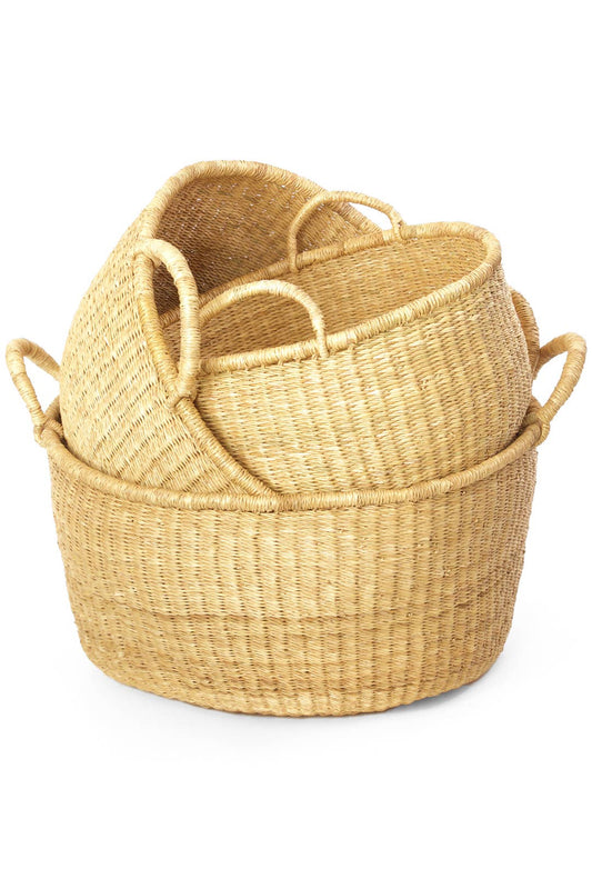 Natural Woven Grass Floor Baskets - Handles