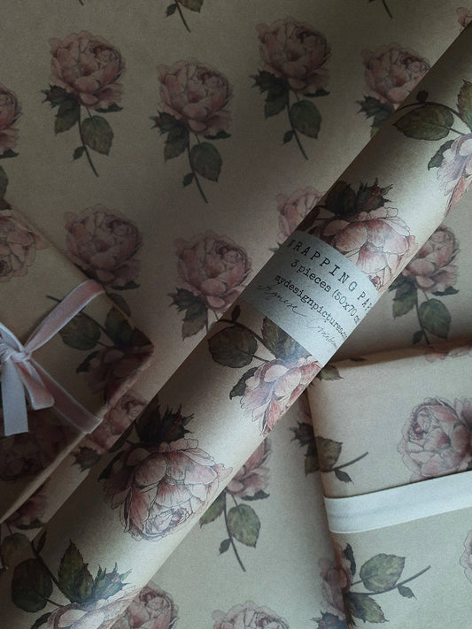 Vintage Rose Kraft Wrapping Paper - Set of 3