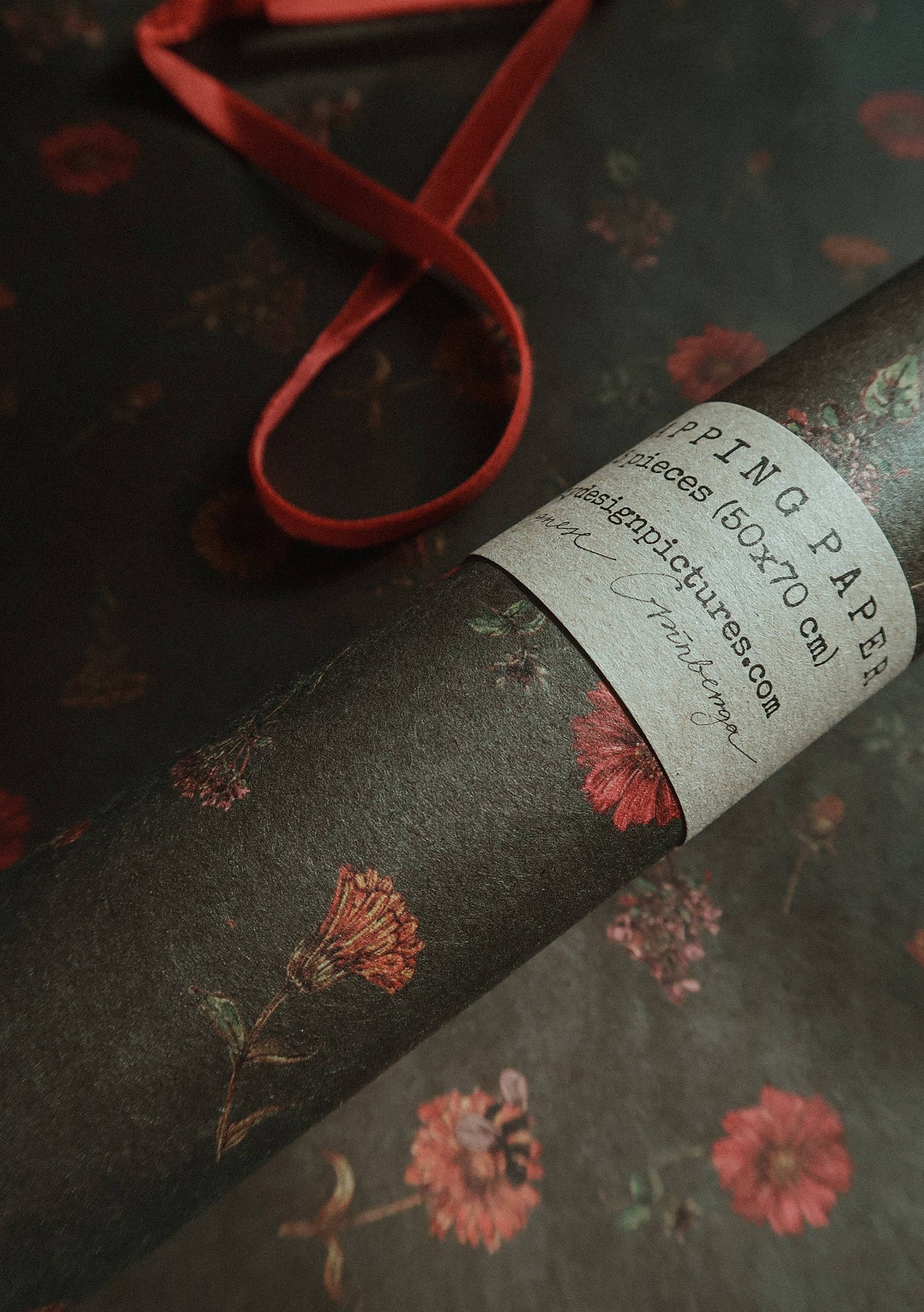 Dark Green Florals Kraft Wrapping Paper - Set of 3