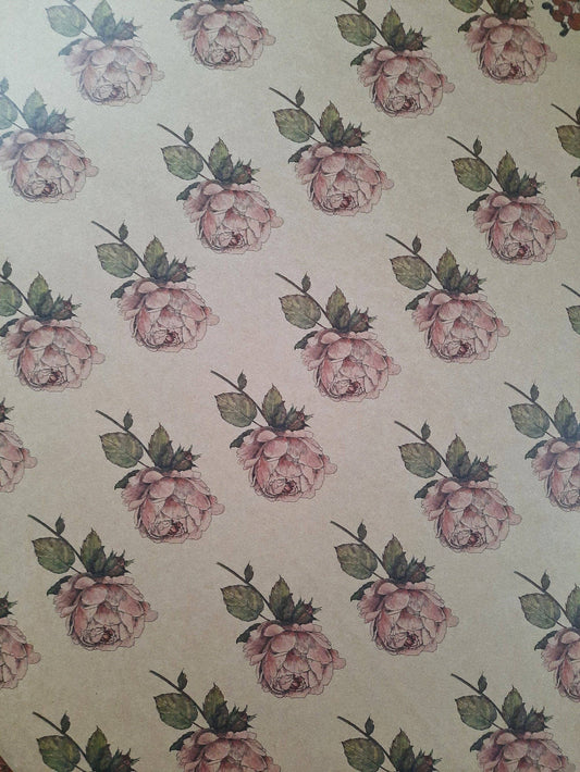Vintage Rose Kraft Wrapping Paper - Set of 3