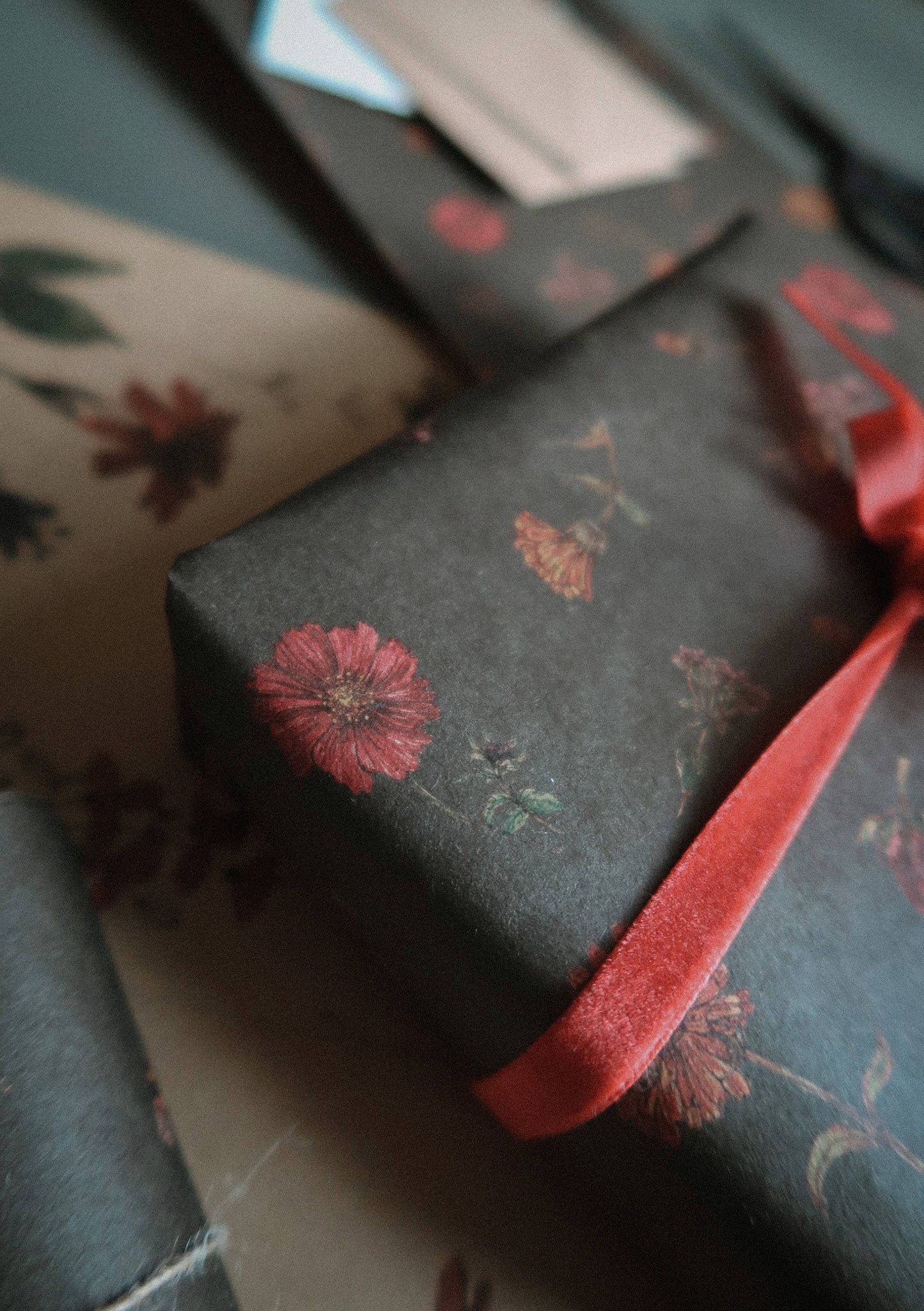 Dark Green Florals Kraft Wrapping Paper - Set of 3