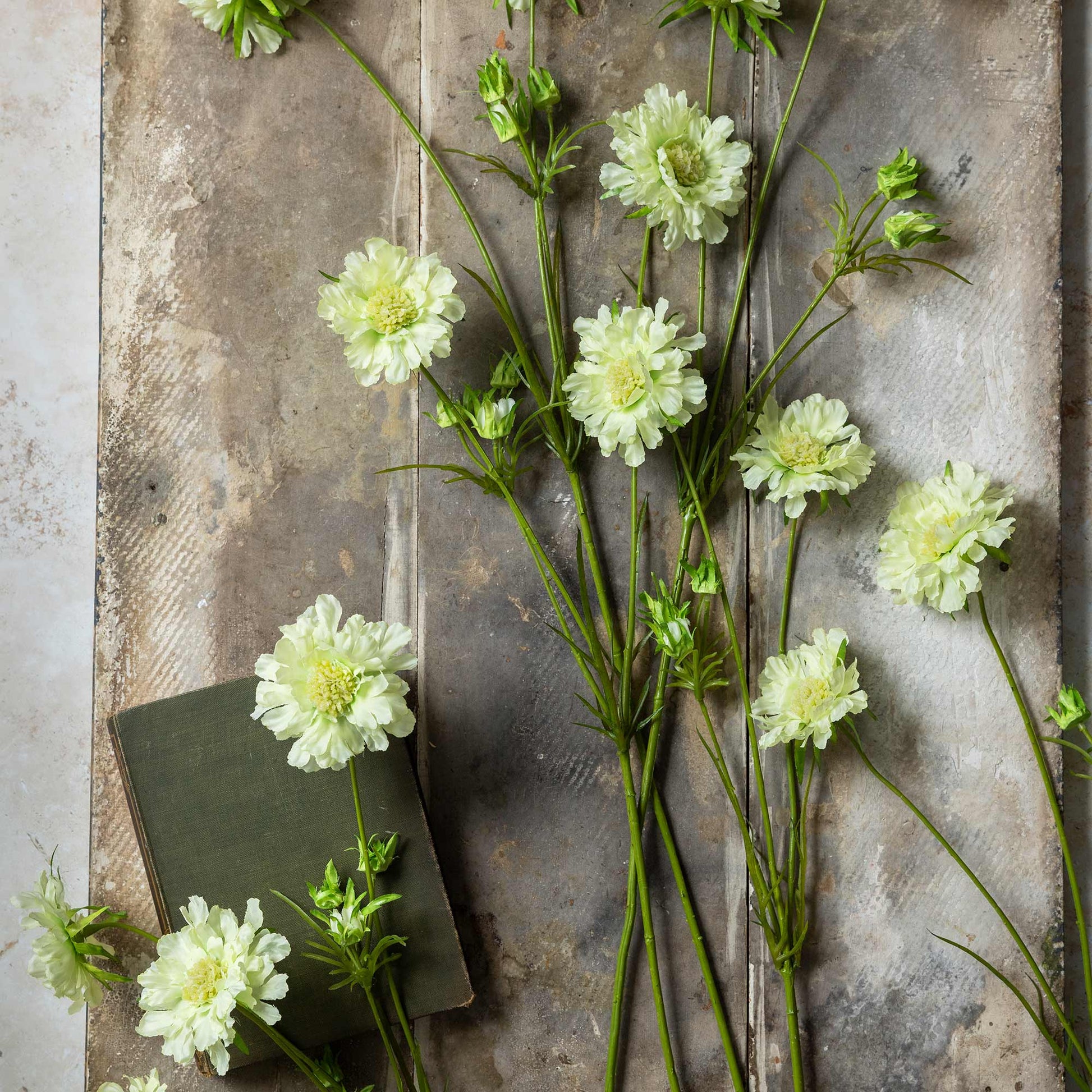 Green notebook with white flowers on a textured metal surface