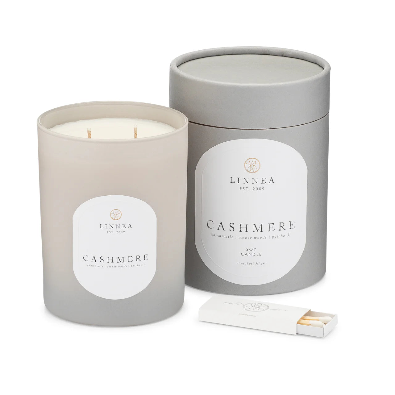 LINNEA Cashmere candle with packaging on a white background